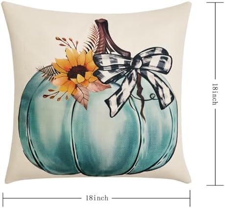 Hongsome Fall Decorations for Home-Throw Pillow Covers 18x18 in Set of 4,Pumpkin Linen Pillow Case for Thanksgiving Couch Autumn Holiday Outdoor Burnt Orange Blue White Decor