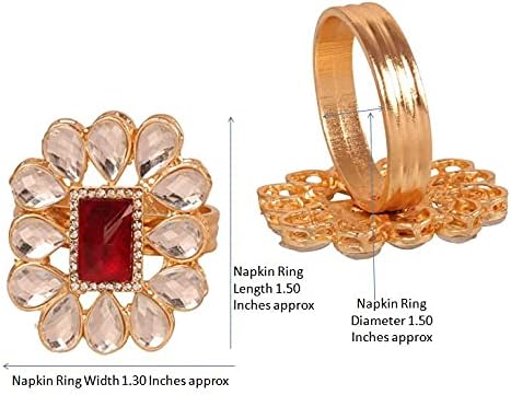 Floral Rhinestone Table Napkin Rings, Gold Tone, Set of 12 | Handmade large-size floral napkin holders with rhinestone