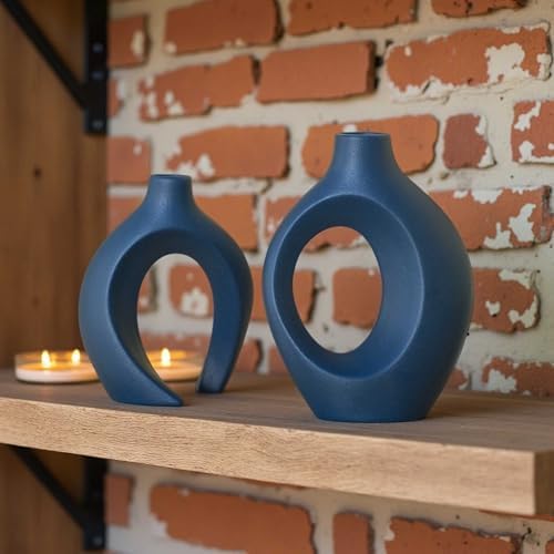 Lvases Snuggle Hollow Ceramic Flower Vase of 2, Navy Blue Home Decor Vases