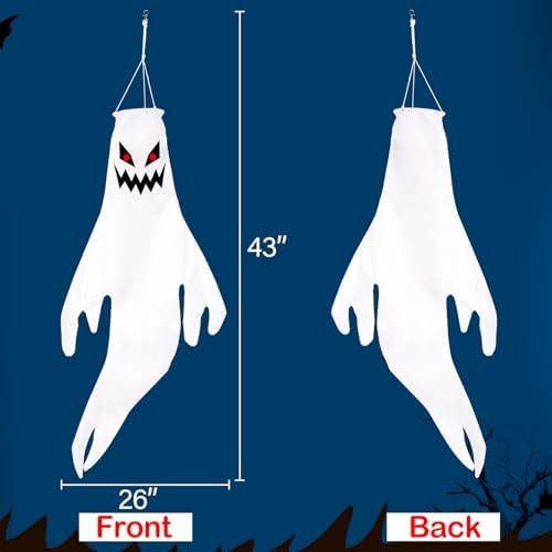 Geefuun 2PCS Purple Halloween Fierce Ghost Windsocks Hanging Decorations -43 Inch Flag Wind Socks for Home Yard Outdoor Decor Party Supplies (Batteries Not Included,No Timer)