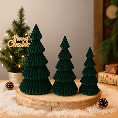 Set of 3 Velvet Ceramic Christmas Tree Decor, Dark Green