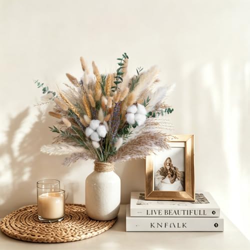 Green Dried Flower Bouquet, 10 Varieties Pampas Grass with Eucalyptus, Lavender, Cotton, Wheat & Bunny Tails, Natural Dried Flowers for Vase, Boho Farmhouse Wedding Home Decor
