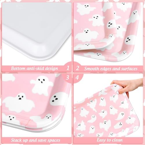 JarThenaAMCS 3Pcs Halloween Serving Trays Pink Ghost Platter Cute Ghost Reusable Serving Dishes for Birthday Baby Shower Party Sharing Snacks Fruit Dessert, 13 x 10 Inch