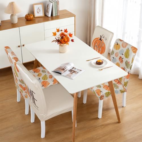 4 Pcs Fall Chair Covers for Dining Room, Thanksgiving Stretch Removable Dining Chair Cover Set of 4, Autumn Pumpkin Chair Slipcovers Seat Protector for Fall Restaurant Decor