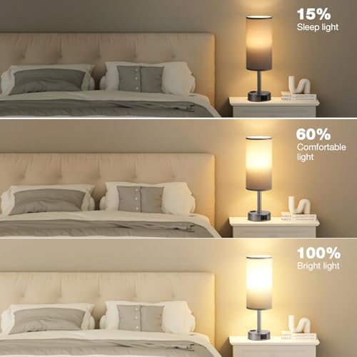 Fenmzee Grey Bedside Lamp for Bedroom, Dimmable Touch, USB A+C, AC Outlet