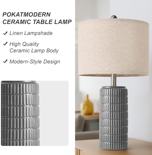 PoKat 23" Ceramic Dark Gray Table Lamps Set of 2 for Living Room, Modern Bedside Lamps for Bedroom, Farmhouse