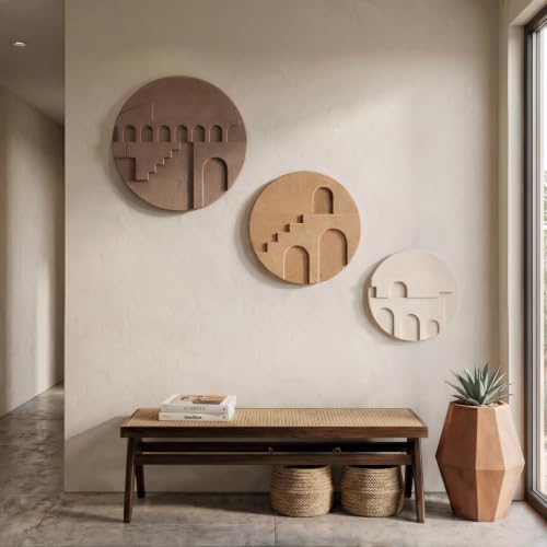 3D Textured Round Neutral Abstract Boho Wall Art for Living Room, 3 Piece