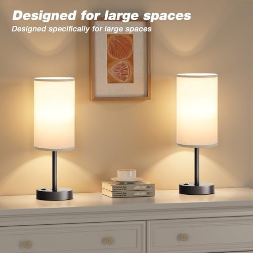 Fenmzee 17.4" Grey Lamp for Bedroom - Dimmable Touch, USB A+C, AC Outlet