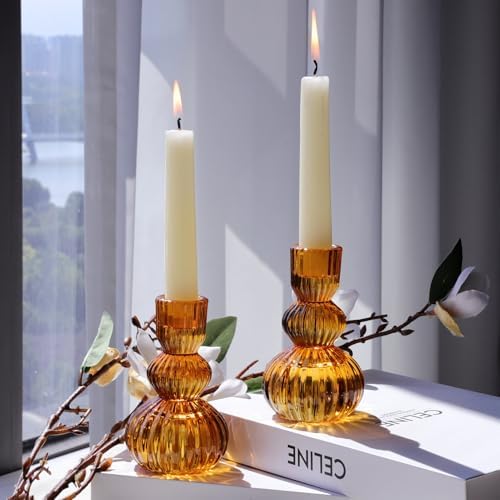 Woho Amber Candlestick Holders Set of 6 4.3" H for Thanksgiving/Fall Decor