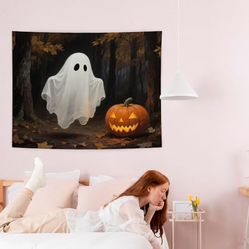 WHCHJ Gothic Halloween Ghost Pumpkin Tapestry, Dark Academia Halloween Tapestry Wall Hanging, Witchy Spooky Ghost Tapestries Wall Blanket Decor for Party Home Bedroom Living Room Dorm, 50x60 Inch