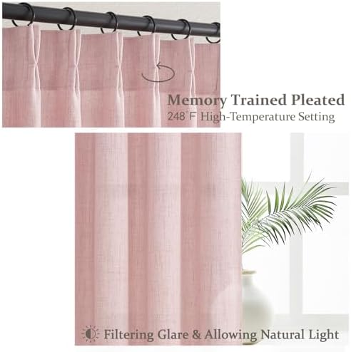Light-Pink Floor to Ceiling Semi Sheer Extra Long Curtains 108 Inches Length for Office, Pinch Pleat Linen