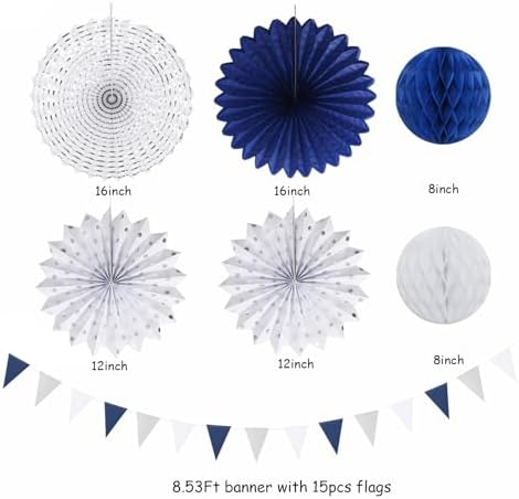 Navy-Blue White Silver Party-Decorations - 20pcs Graduation Paper Lanterns Fans,Tissue Pom Poms,Honeycomb Balls,Bunting,Birthday Bridal Bachelorette Christmas Baby Shower Wedding Decor Burgleda