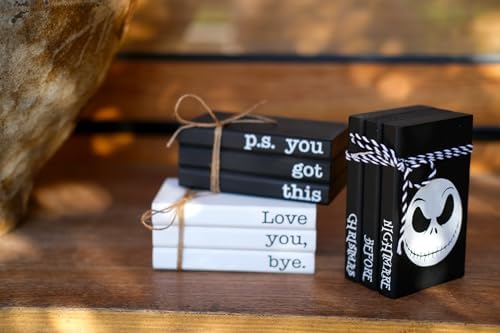 Mini Black Halloween Tiered Tray Decor Wood Decorative Book Stack, Rustic Farmhouse Faux Books Bundle for Home Table Mantle Shelf Decoration Nightmare Before Christmas Sign