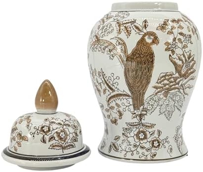 Galt International 14" Brown & White Floral Parrot Ceramic Porcelain Ginger Jar Floral Home Décor Jar Urn Shape Vase