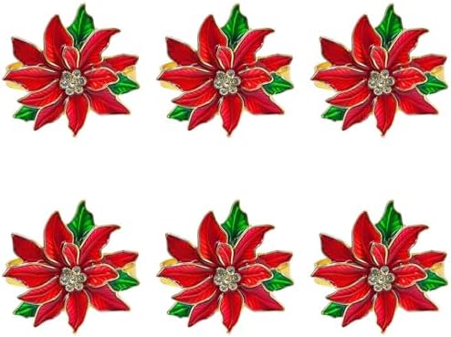 Poinsettia Napkin Rings Set of 6, Xmas Party Red Flower Napkin Holder Buckles, Thanksgiving Christmas Napkin Rings (Dark Red, One Size)