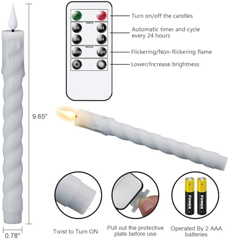 White Flameless Taper Candles Battery Operated with Remote Timer