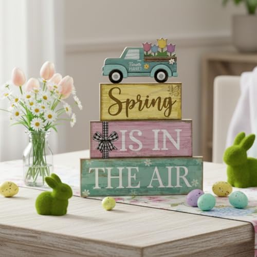 Moucuny 4 Pcs Spring Wooden Block Signs Farmhouse Table Centerpiece