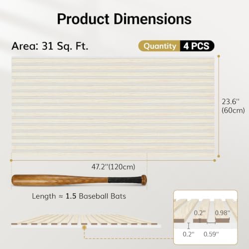 TONOR Wood Wall Panels for Interior Wall Decor, 4 Pack 47.2" x 23.6"(30.94ft²) Wood Slat Aacoustic Panels, Soundproof