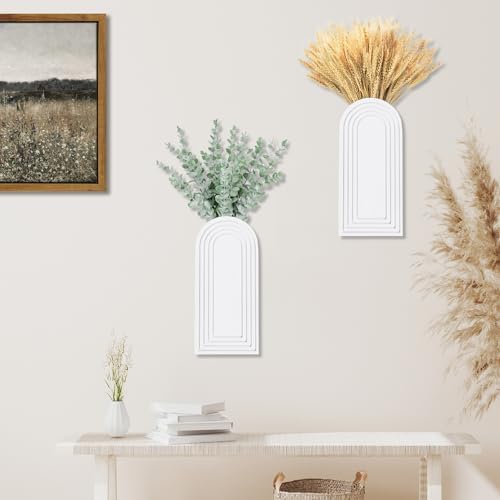 Dnnnii 2 Pack Wooden Wall Vase Set - White Finish Modern Farmhouse & Boho Wall Decor for Entryway, Hallway, Bathroom