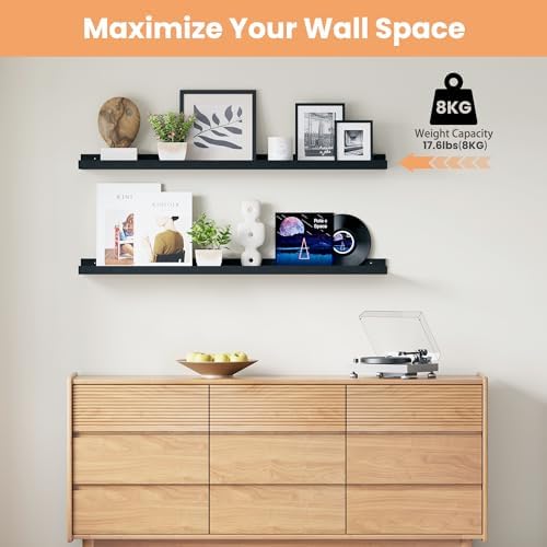 upsimples Floating Shelves for Wall Decor and Storage, Black, 6Pcs 47.3''