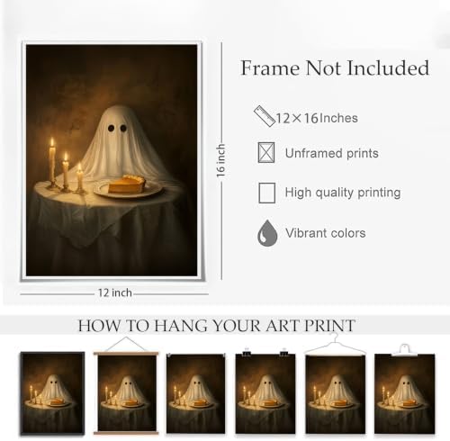 ILLBDR Halloween Ghost with Pumpkin Pie Canvas Wall Art Poster 12x16 inch
