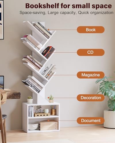 SUNMORY 6 Tier Tree Bookshelf, Tall Small Bookcase with Storage Cabinet