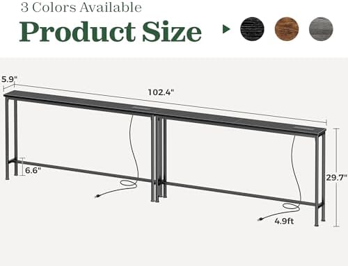 SUPERJARE 102.4 inch Narrow Behind Couch Table with Charging Stations