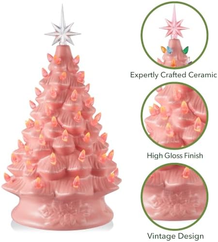Casafield Hand Painted Ceramic Christmas Tree, Pink 15-Inch Pre-Lit Tree with 128 Multi Color Lights and 2 Star Toppers