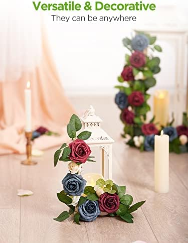 InnoGear Fake Roses 50 Pcs Dusty Blue Shades Flowers Artificial Faux Floral