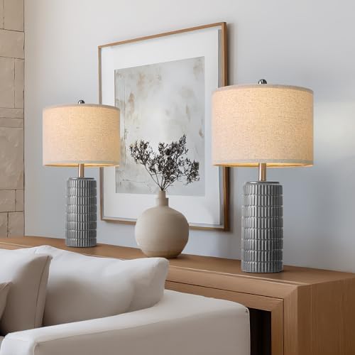 PoKat 23" Ceramic Dark Gray Table Lamps Set of 2 for Living Room, Modern Bedside Lamps for Bedroom, Farmhouse
