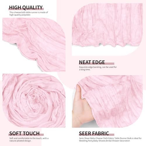 12 Pack Light Pink Cheesecloth Table Runner 10Ft, Gauze Table Runners 21.5 x 120 inch,Semi Sheer Cheese Cloth Fabric Runner Bulk for Wedding,Party,Baby Shower,Bridal Shower