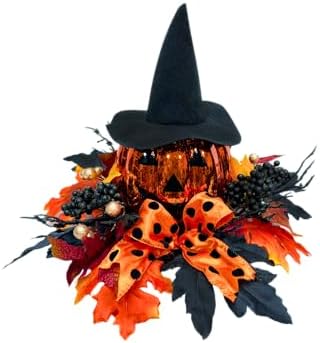 Svndlyn 15 Inch Lighted Halloween Pumpkin Decor with Witch Hat and Bow