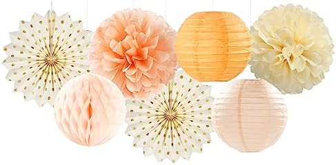 Beige-Orange Peach Fall Party-Decorations Paper-Lanterns- 14pcs Autumn Thanksgiving Harvest Birthday Boho Streamers Fan,Tissue Pom Poms, Baby Bridal Shower Wedding Engagement Decor Lasting Surprise