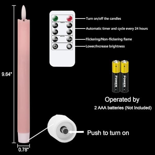 GenSwin Flameless Taper Candles LED Battery Operated Remote Timer Pink