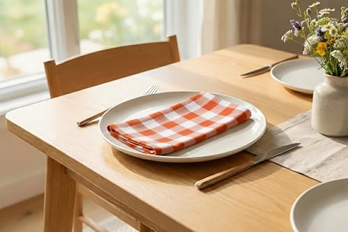 PurpleEssences Plaid Napkins 18x18 Buffalo Plaid - Orange & White