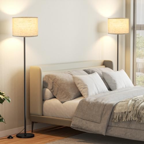 Ambimall 60'' Modern Floor Lamp Set of 2, 2PK Tall Lamps for Living Room Bedroom, Beige Shade with Black Pole(Without