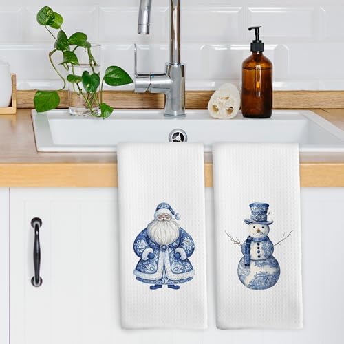 XPH Chinoiserie Christmas Kitchen Dish Towels Set of 2, Santa Gifts for Women, Winter Blue and White Chinoiserie Christmas Santa Claus Snowman Hand Towels Kitchen Tea Towel Decorations, 16x24inch
