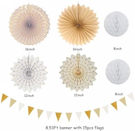 Beige-Champagne Gold White-Peach Boho Party-Decorations - 20pcs Neutral Baby Shower Rustic Wedding Paper Lanterns Fans,Tissue Pom Poms,Honeycomb Balls,Bunting,Birthday Bridal Decor Burgleda