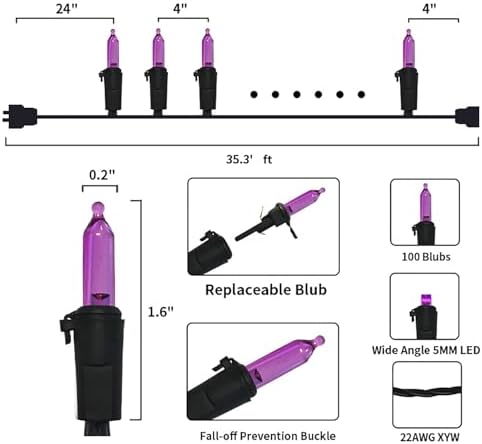 Purple Halloween LED Lights - 2 Pack 100 Count Purple Christmas String Lights for Tree, Party, Holiday, Indoor/Outdoor Halloween Decorations, 2 Sets 33 Feet Black Wire, UL Certified, Connectable