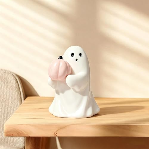 Halloween Ghost Figurine with Holding Pink Pumpkin Ghost Statue