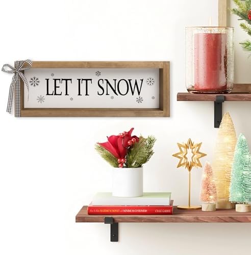 Let It Snow Sign, White Wooden Winter Holiday Centerpieces Snowflake Decor, Indoor Table Top Wall Shelf Desk Mantel Decorative Signage Wood Plaque Rustic Farmhouse Decorations for Home
