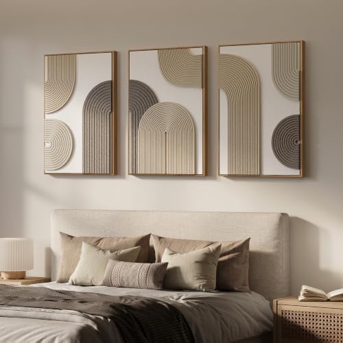 Large 3D Textured Framed Boho Neutral Abstract Wall Art, 3 Piece 24x36 inch