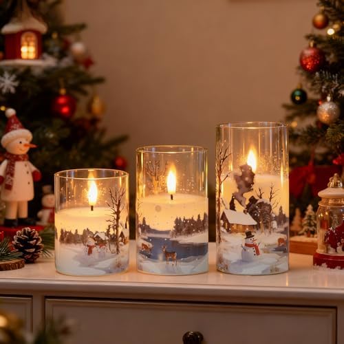Wondise Chrismtas Snowman Glass Flameless Candles with Remote Timer