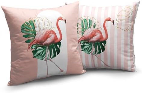 Pink Flamingo Outdoor Pillow Covers 20x20 Set of 2 Tropical Green Leaves Abstract Arch Pink White Striped Decorative Pillow Cases Spring Summer Farmhouse Decor for Home Couch Sofa