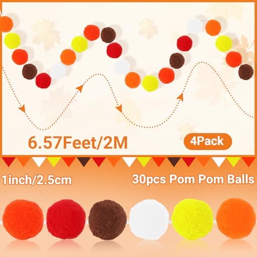 MARFOREVER 4 Pack 26.3 Ft Fall Pom Pom Garlands Hanging Decorations