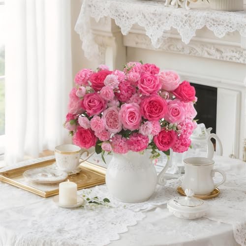 8 Pcs Mixed Artificial Peony Flowers Set-4 Bouquets & 4 Stems, Pink Fake Peony Rose Hydrangea Flowers for Vase Silk Floral Arrangements for Table Centerpiece Wedding Party Bridal Decoration Home Decor