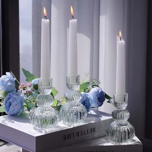 Woho 3pcs Clear Taper Candle Holders 4.3" H, Ribbed Candlestick Holders