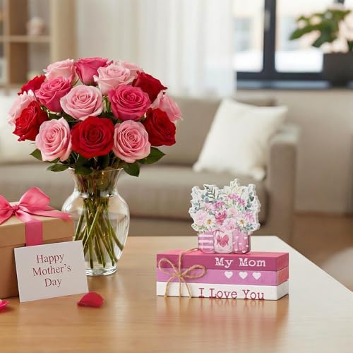 Smile 4pcs Mother's day Indoor Decorations Wooden Decor Table Centerpiece Love My Mom Wooden Plaque Ornaments for Home Kitchen