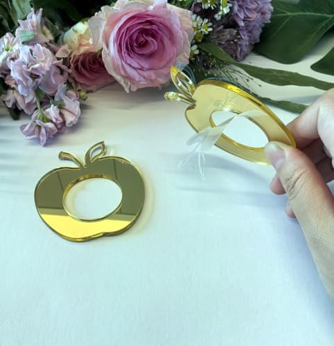 Set of 10 Rosh Hashanah Acrylic Mirrored Apple Napkin Rings - Elegant Fruit Style Decorative Holders for Jewish New Year Celebrations (Gold Mirror, Jewish)