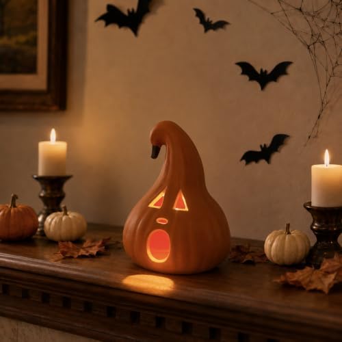 Evelyne Halloween Decoration – Light-Up Jack-O’-Lantern Ghost Face with Curved Stem – Indoor Tabletop Fall Decor, Pumpkin – Cute Spooky Autumn Accent for Home or Office